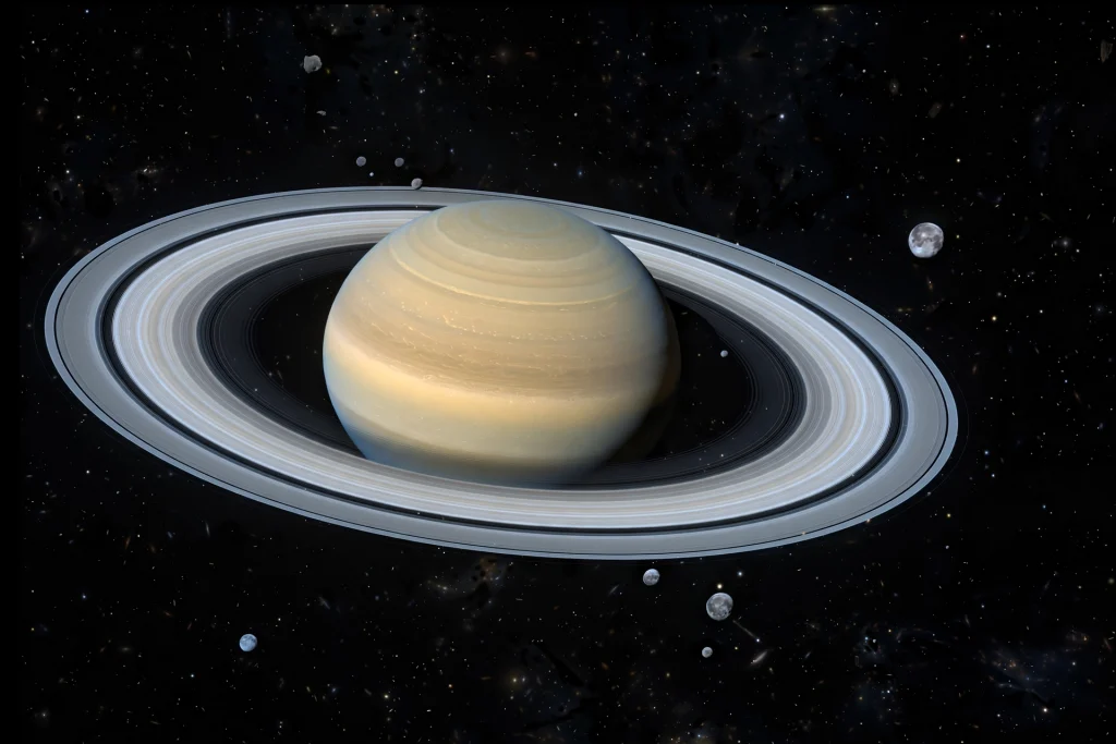 Saturn’s Moon Count Is Now 274: What Was Actually Found Wide view of Saturn with faint distant moons scattered around the planet