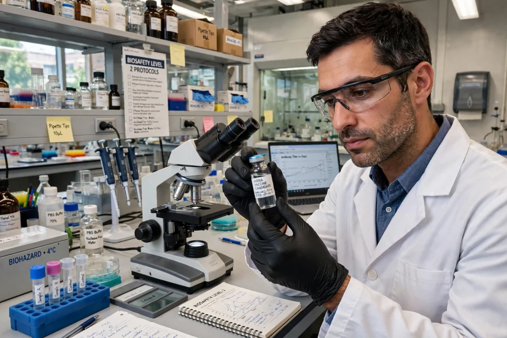 Clinician holding a labelled vial for a personalised cancer vaccine study