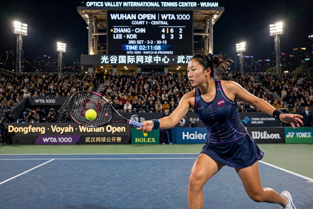 Tennis player in action on a hard court at the Wuhan Open