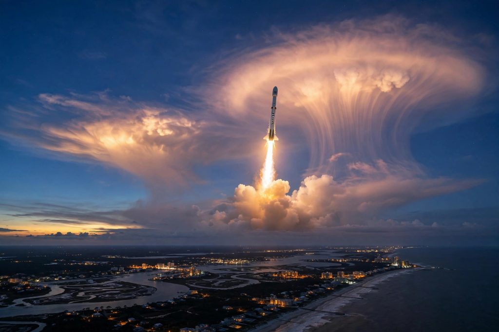 SpaceX Launch Creates Stunning Jellyfish Cloud Over US East Coast SpaceX rocket launch at twilight creating a glowing jellyfish cloud over the US east coast